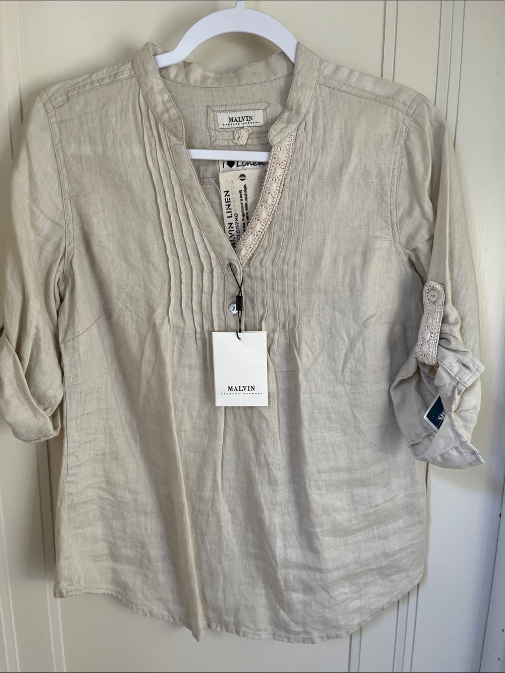 Malvin Linen Pintuck Lace Trim Tunic Size S NWT